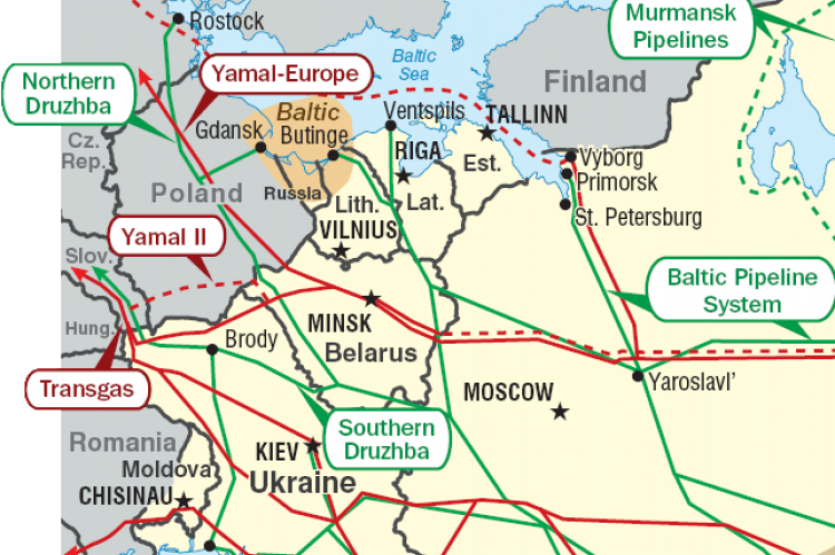Pipelines in Eastern Europe (red: gas / green: oil)