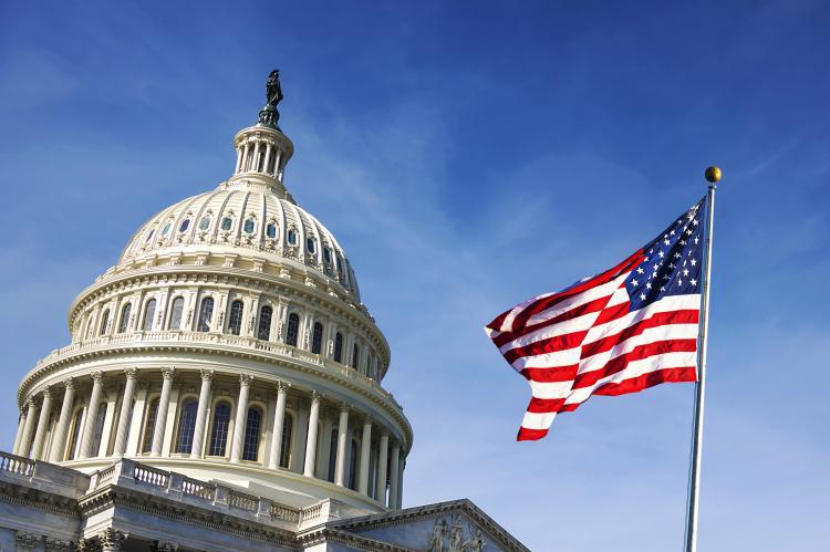 American flag waving with the Capitol Hill (copyright by Adobe Stock/rarrarorro) 