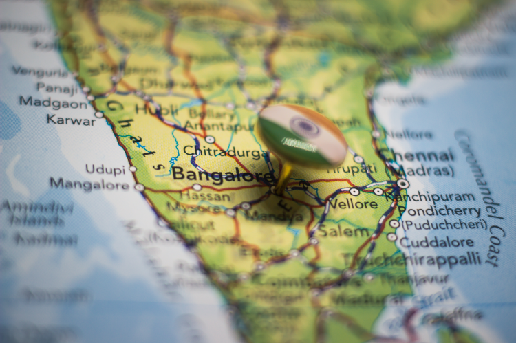 Bangalore on the map of India (© Shutterstock/Zarko Prusac)
