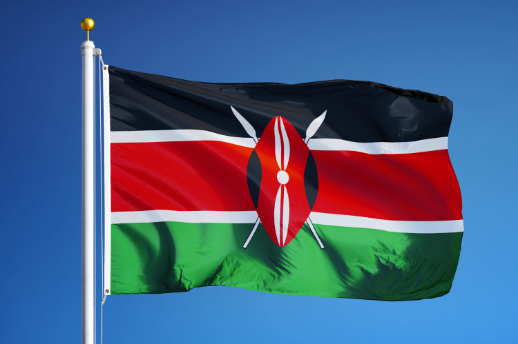 Kenya flag waving against clean blue sky (© Shutterstock/railway fx)