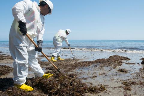 Crewmembers clean the California coastline to remove oil near Rufugio State Beach, California, Monday, June 1, 2015. © 2015 U.S. Coast Guard photo by Petty Officer 3rd Class Ashley J. Johnson