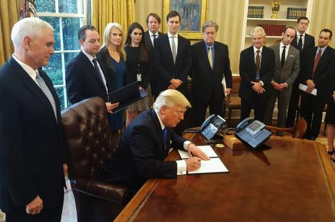 Trump signing the Presidential memoranda to advance the construction of the Keystone XL and Dakota Access pipelines. January 24, 201