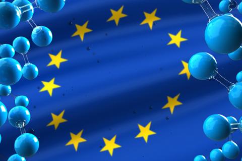 European Union flag with H2 hydrogen molecules (copyright by Adobe Stock/Alexander Limbach)