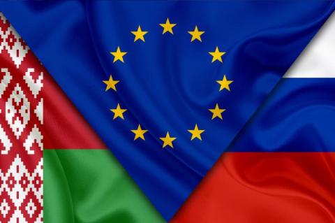 Flags of Belarus, Russia and the European Union (© Shutterstock/Max Sky)