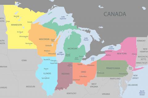 Map of the states and countries around the Great Lakes (copyright by Shutterstock/Weredragon)