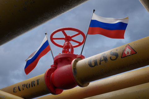 Pipeline for gas exports with Russian flags (© Shutterstock/Fly Of Swallow Studio)