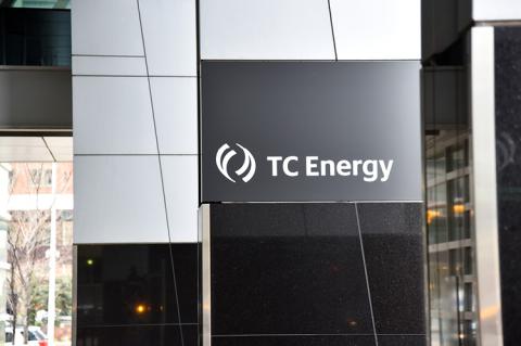 TC Energy logo at the head office in Calgary, Canada (© Shutterstock/Brett Holmes)