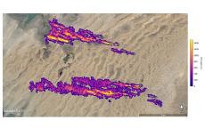 East of Hazar, Turkmenistan, a port city on the Caspian Sea, 12 plumes of methane stream westward. The plumes were detected by NASA’s Earth Surface Mineral Dust Source Investigation mission (© NASA/JPL-Caltech)